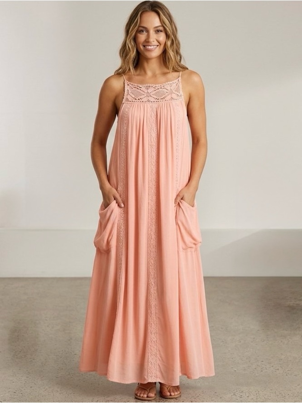 Olivaceous Crochet Lace-Trim Flowy Midi Maxi Dress, Coral Peach, Size M, NWT